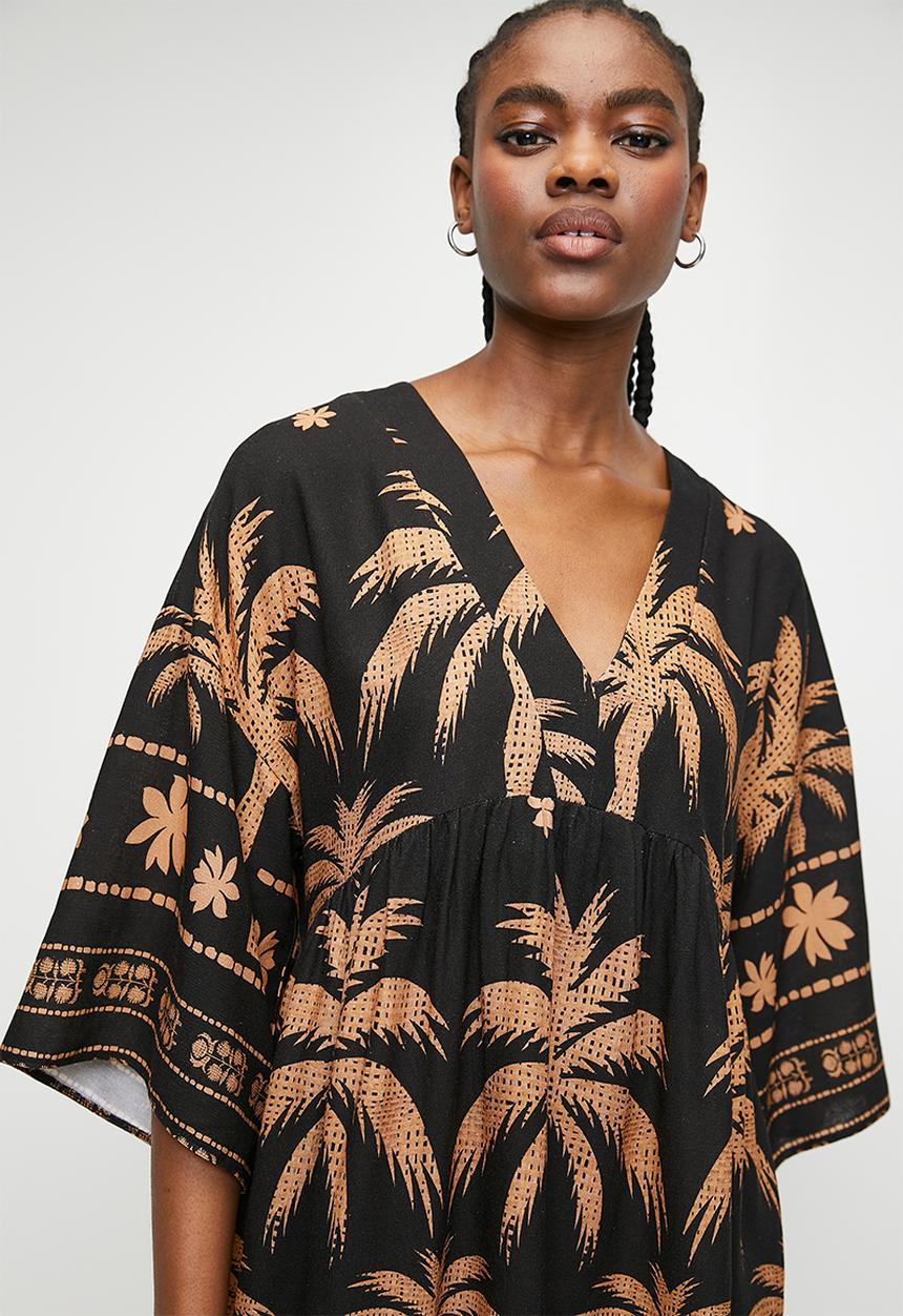 Superbalist - Linen look babydoll mini dress - stylised palms dbl border
