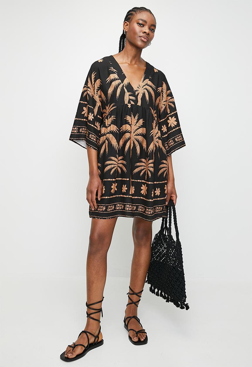 Superbalist - Linen look babydoll mini dress - stylised palms dbl border