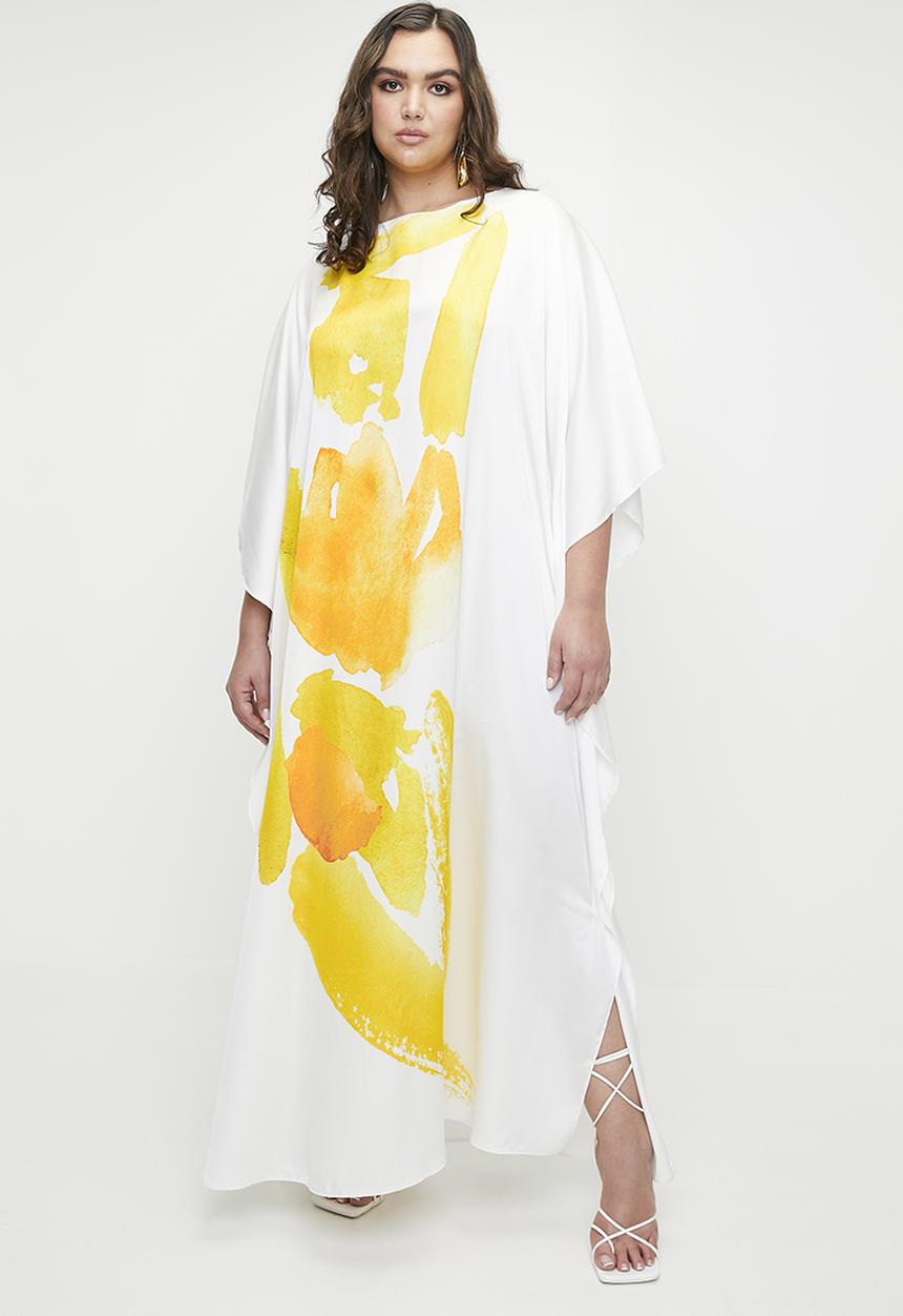 VELVET - Printed satin kaftan dress - yellow painted people.