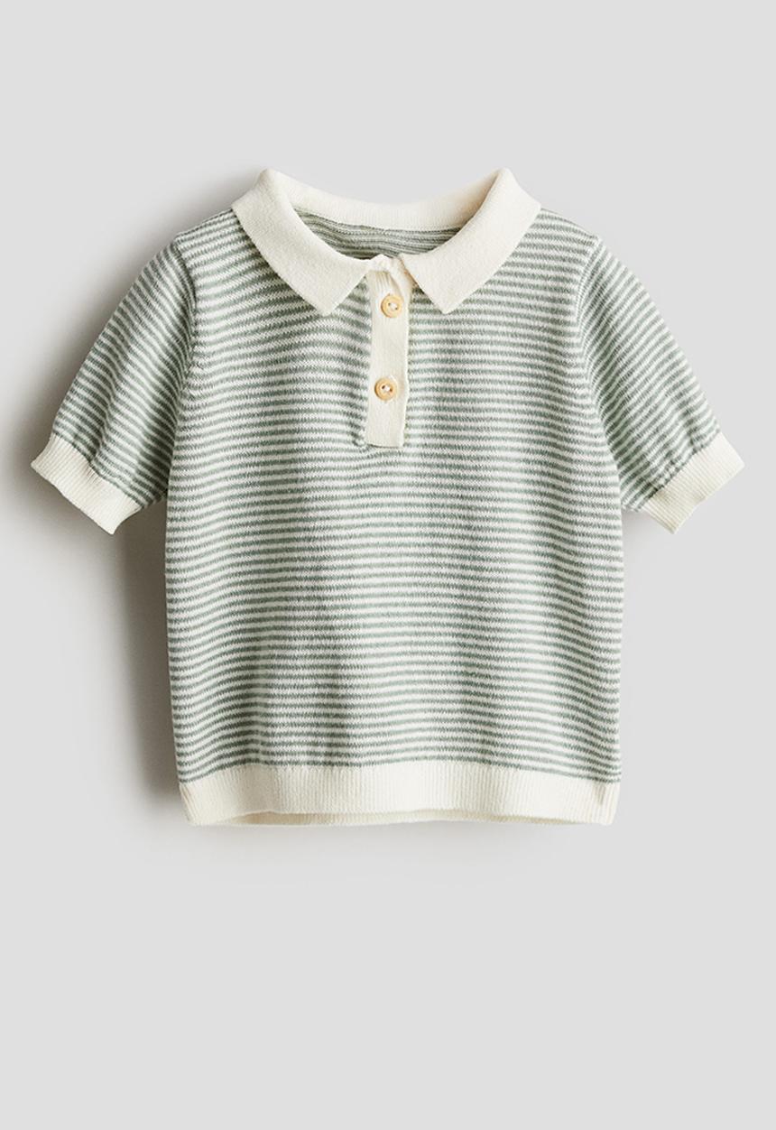 H&M - Knitted polo shirt - dusty green striped