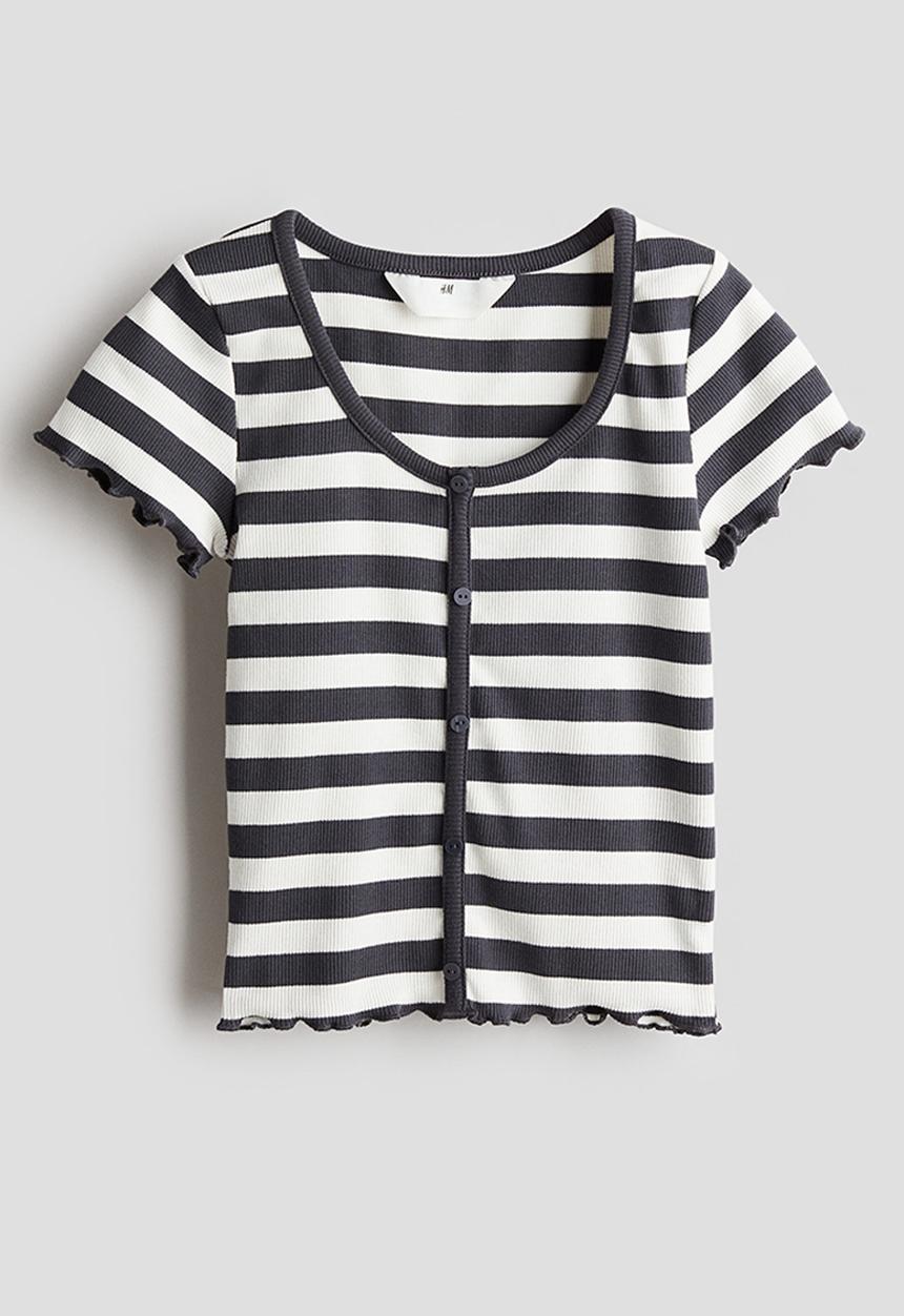 H&M - Ribbed T-shirt - dark grey white striped