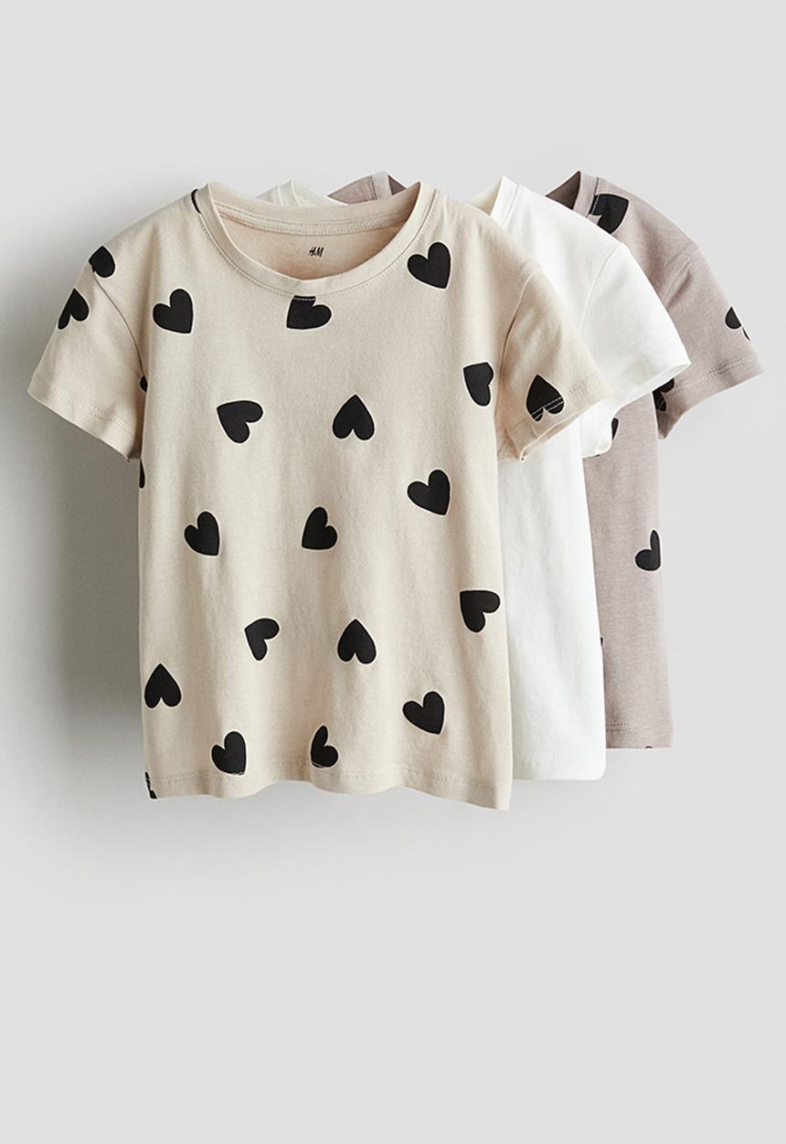 H&M - 3 pack cotton tops - light beige hearts
