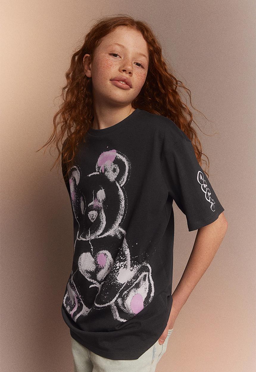 H&M - Oversized printed t-shirt - dark grey & teddy bear