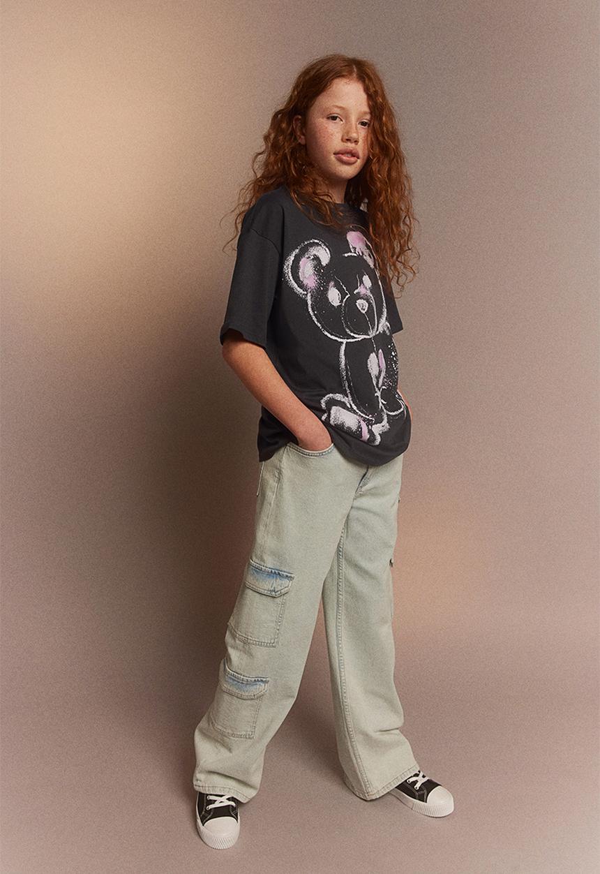 H&M - Oversized printed t-shirt - dark grey & teddy bear