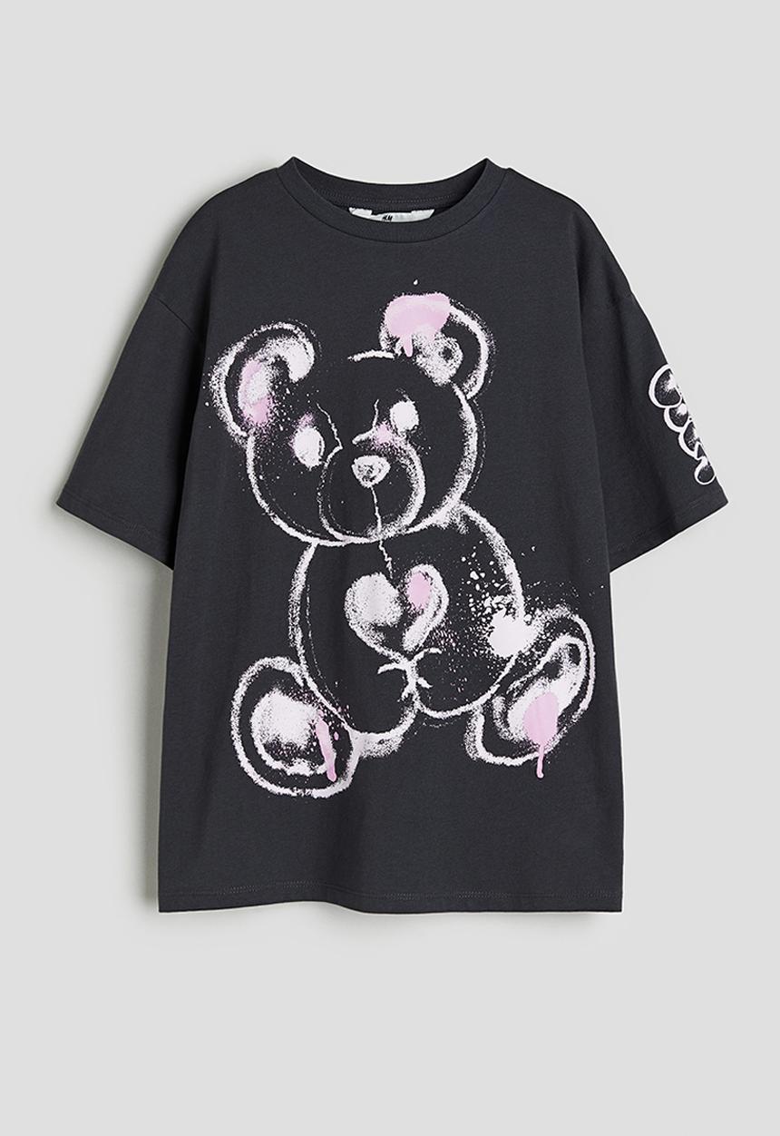 H&M - Oversized printed t-shirt - dark grey & teddy bear