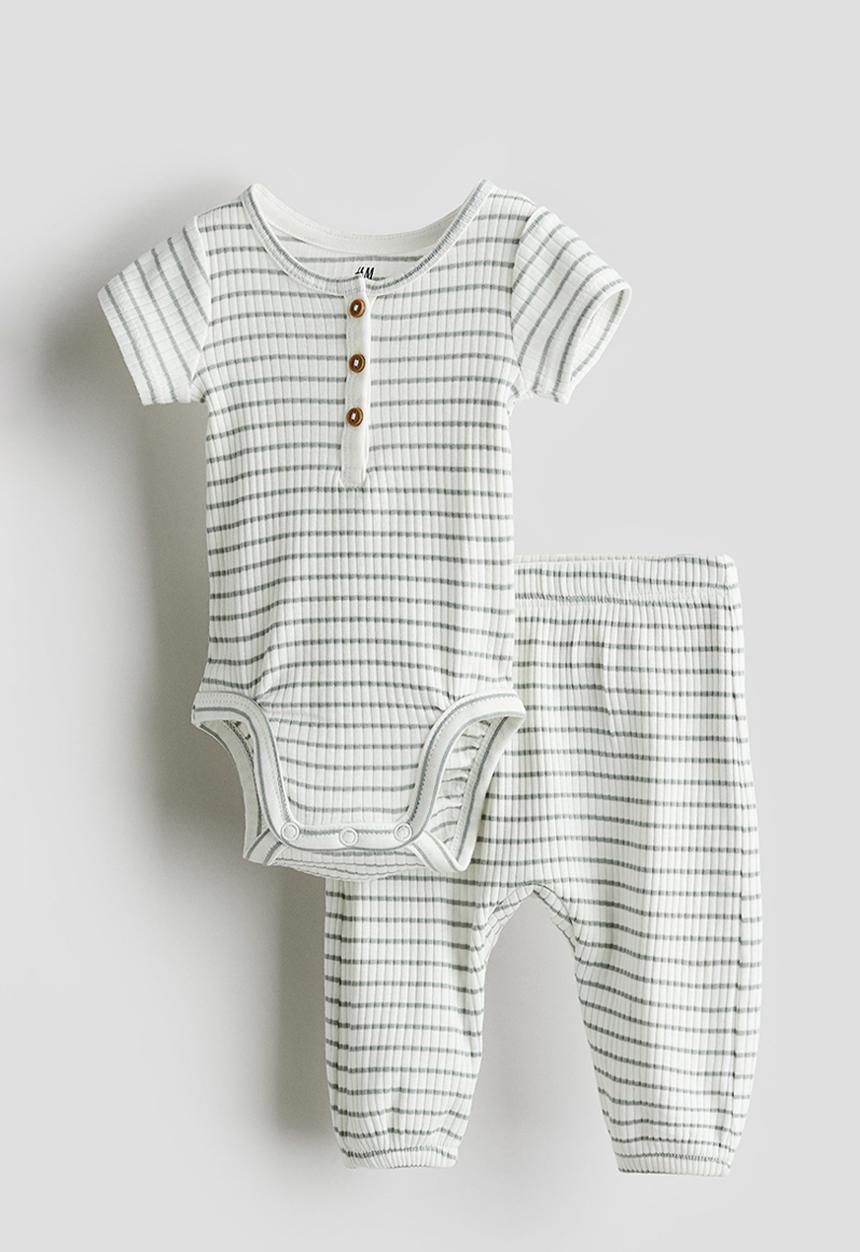 H&M - 2 piece cotton jersey set - white & green-striped