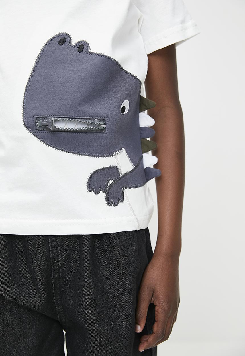 Pop Candy - Dino print crew neck tee - white & grey