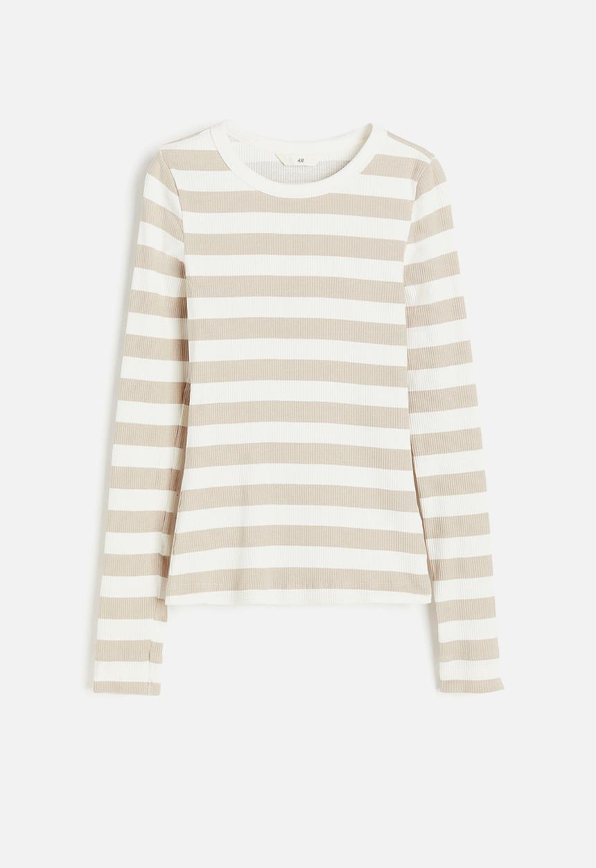 H&M - Ribbed jersey top - white & light beige striped