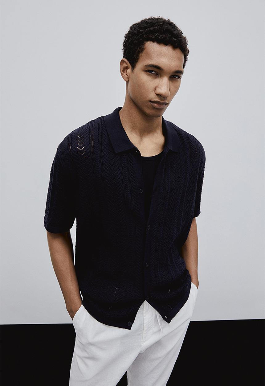 H&M - Regular fit pointelle-knit shirt - navy blue