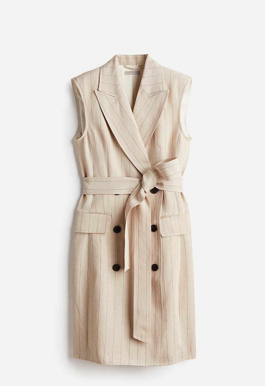 H&M - Linen-blend blazer dress - light beige pinstriped 