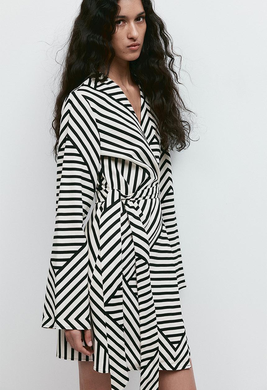 H&M - Linen-blend wrap dress - cream geometric pattern