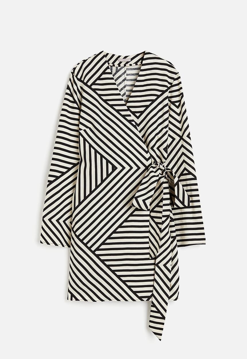 H&M - Linen-blend wrap dress - cream geometric pattern