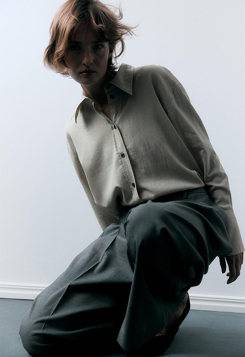 H&M - Oversized linen-blend shirt - light beige