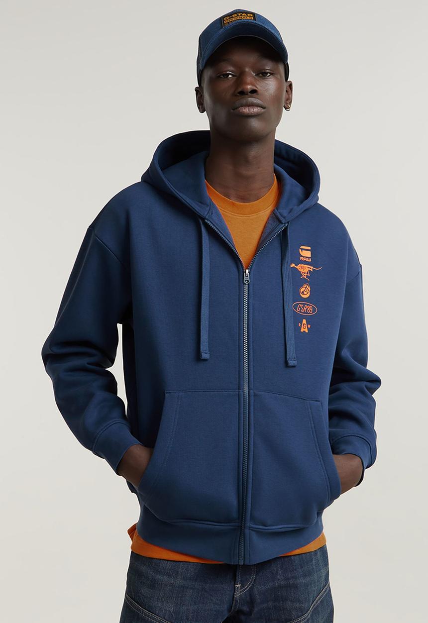 G-STAR - Poster back gr zip thru loose hooded sweatshirt - dk sea blue