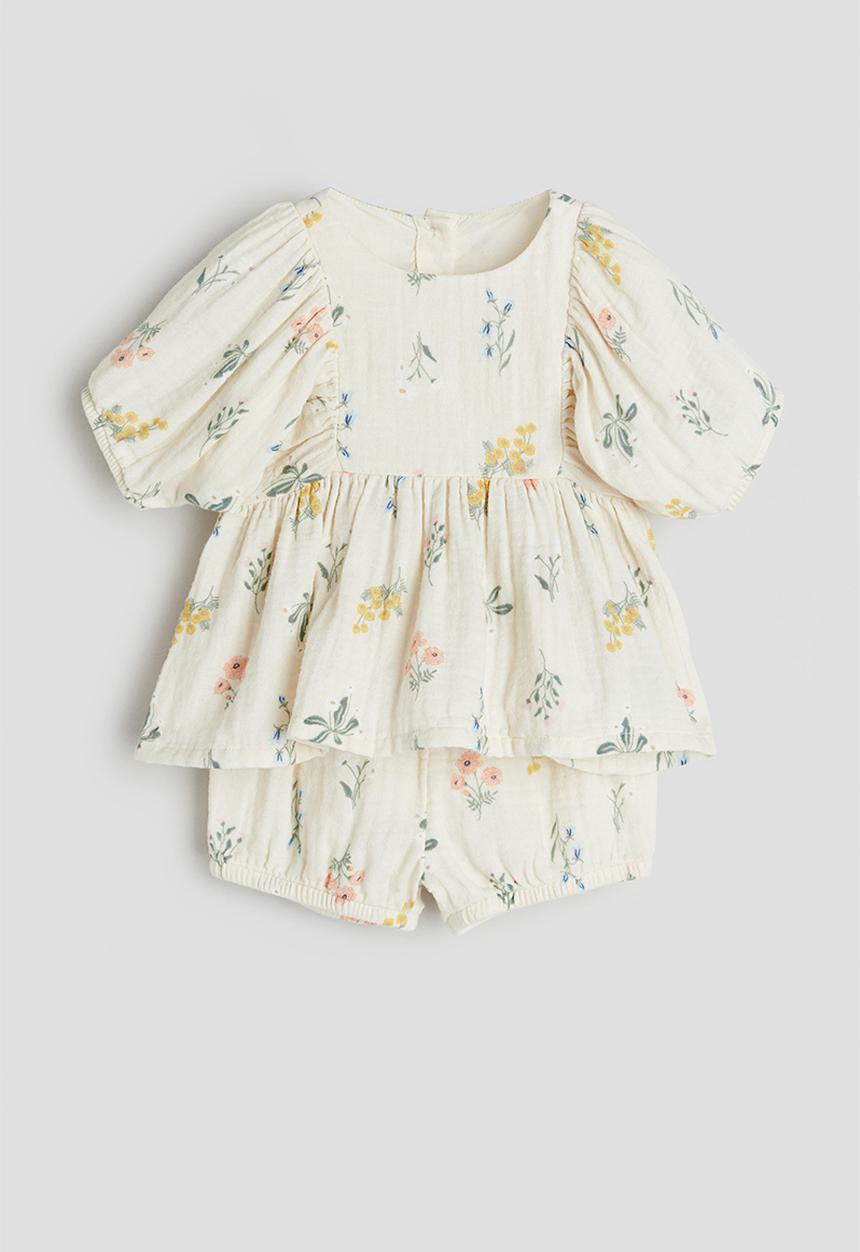H&M - 2-piece patterned muslin set - Cream Floral