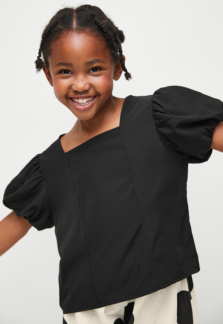 Pop Candy - Puff sleeve top & bottom set- black & beige 