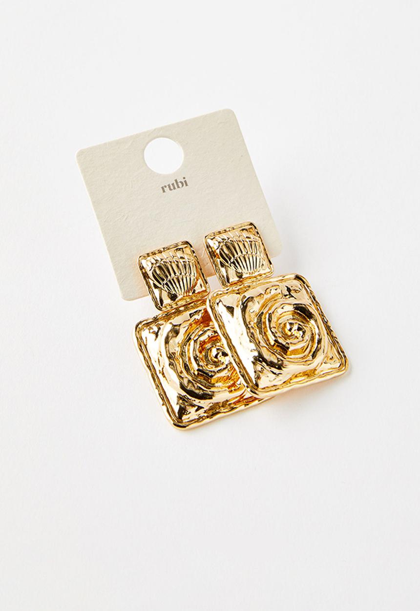 Rubi - Mid charm earring - up square double drop swirl gold