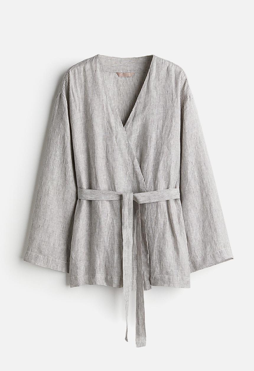 H&M - Linen wrap top - beige striped