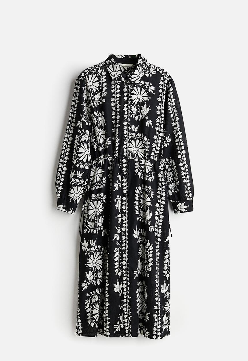 H&M - Linen-blend shirt dress - black patterned