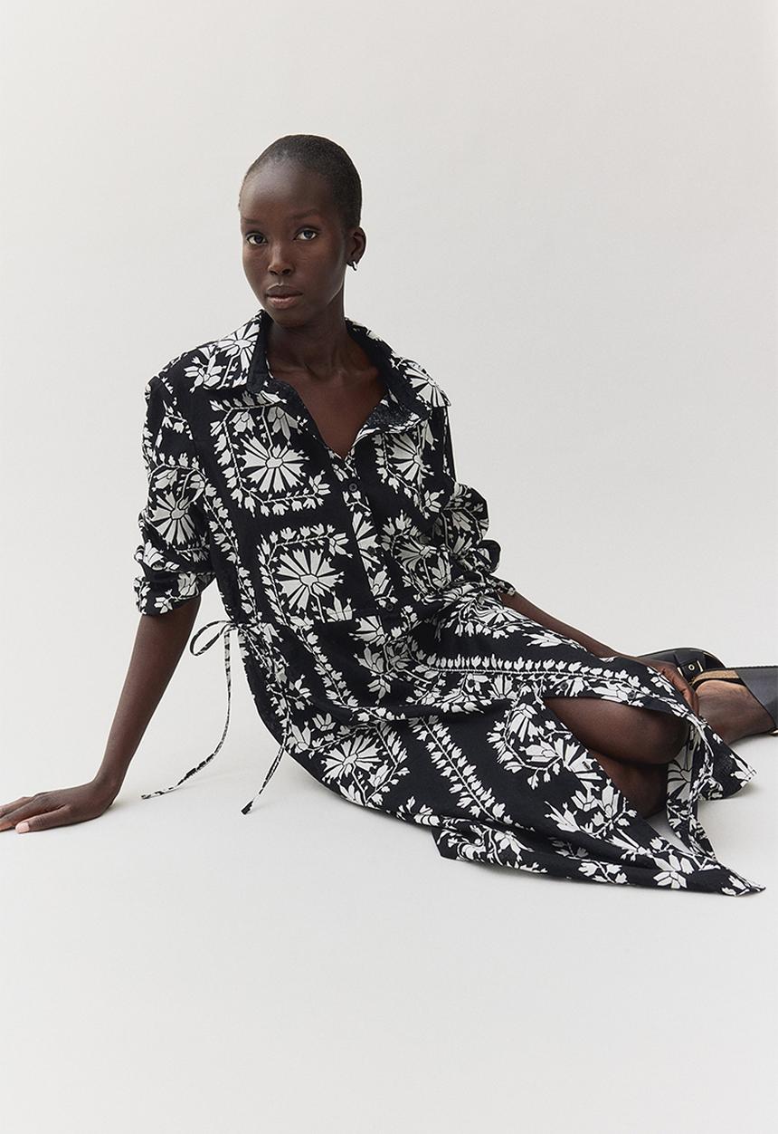 H&M - Linen-blend shirt dress - black patterned