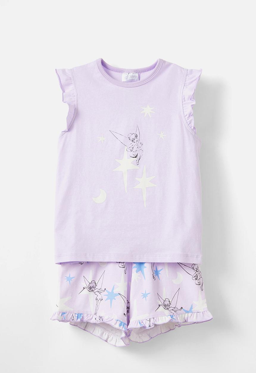Cotton On - Stacey flutter short sleeve pyjama set licensed - lcn dis vintage lilac/tinkerbell glow