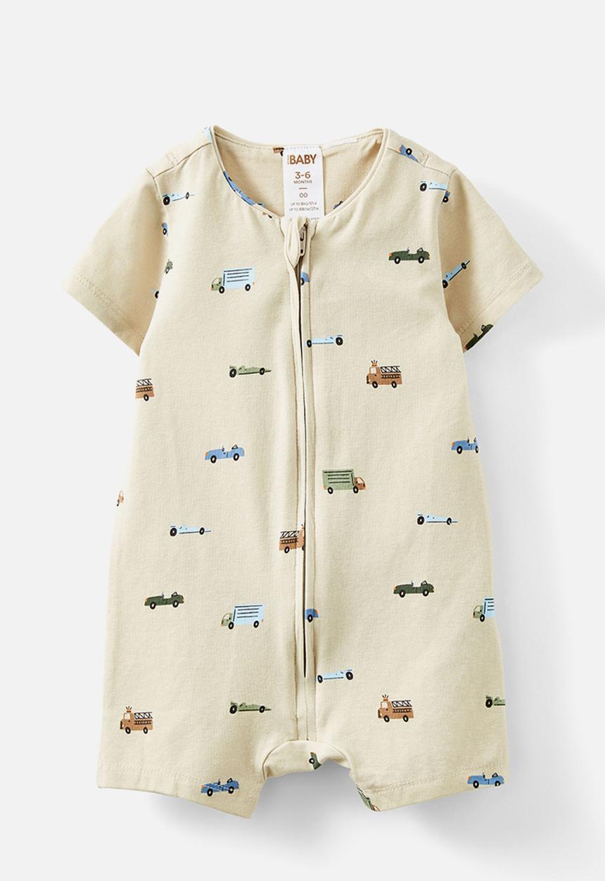 Cotton On - The short sleeve zip romper - rainy day/gridlock cars