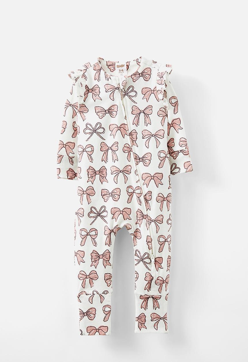 Cotton On - The billie long sleeve zip romper - vanilla/sketchy bows