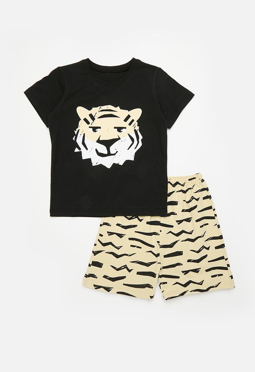 Pop Candy - Tiger print tee & short set - black & yellow