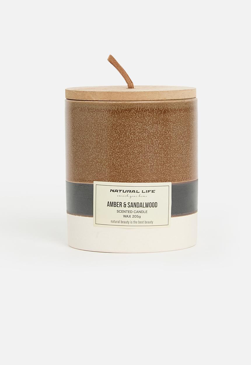H&S - Cermaic Candle with Lid Terracotta Stripe - Amber & Sandal Wood