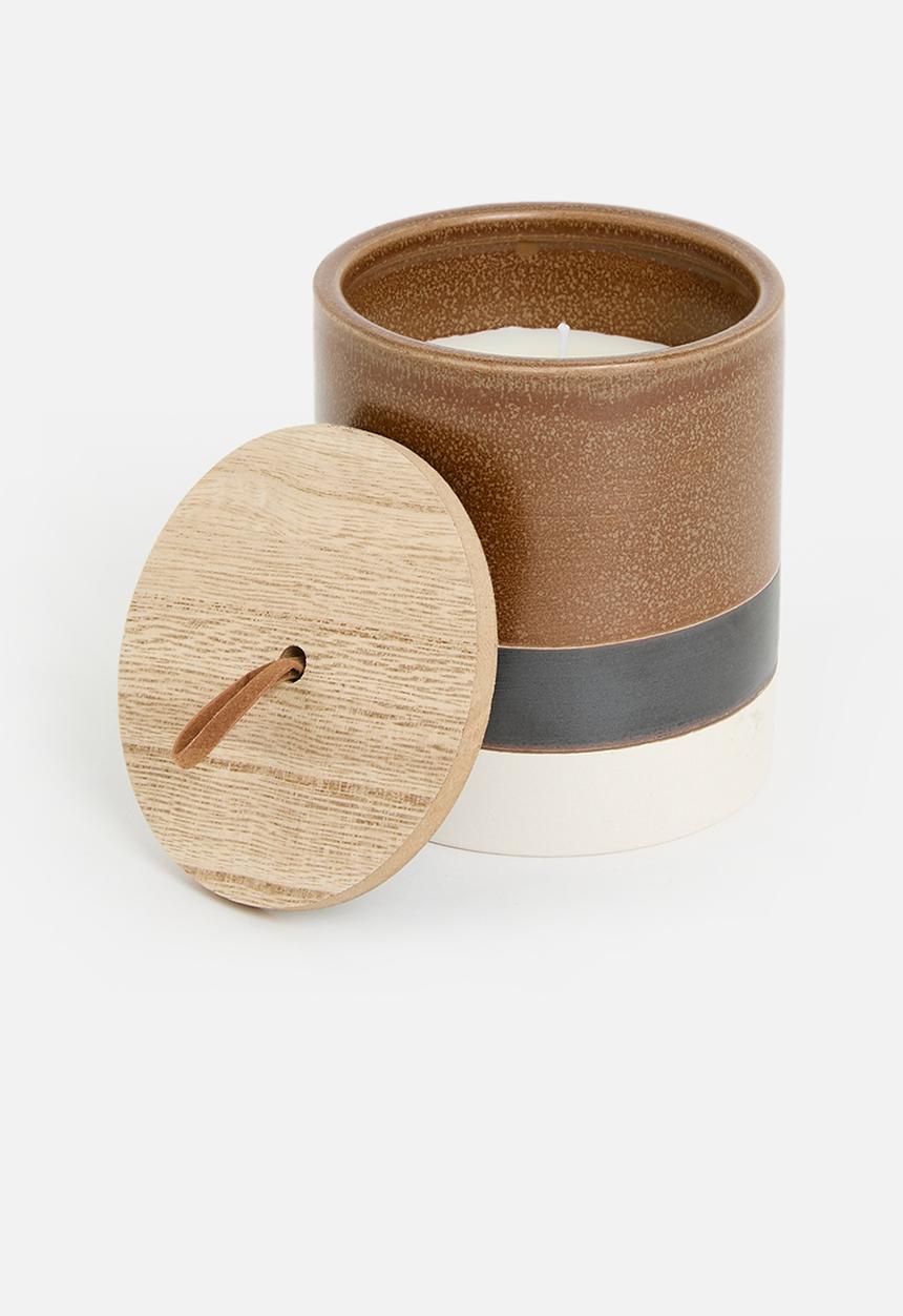 H&S - Cermaic Candle with Lid Terracotta Stripe - Amber & Sandal Wood