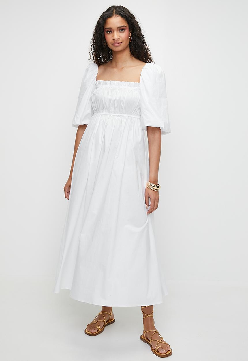MILLA - Shirring empire midi dress with bubble sleeve - white