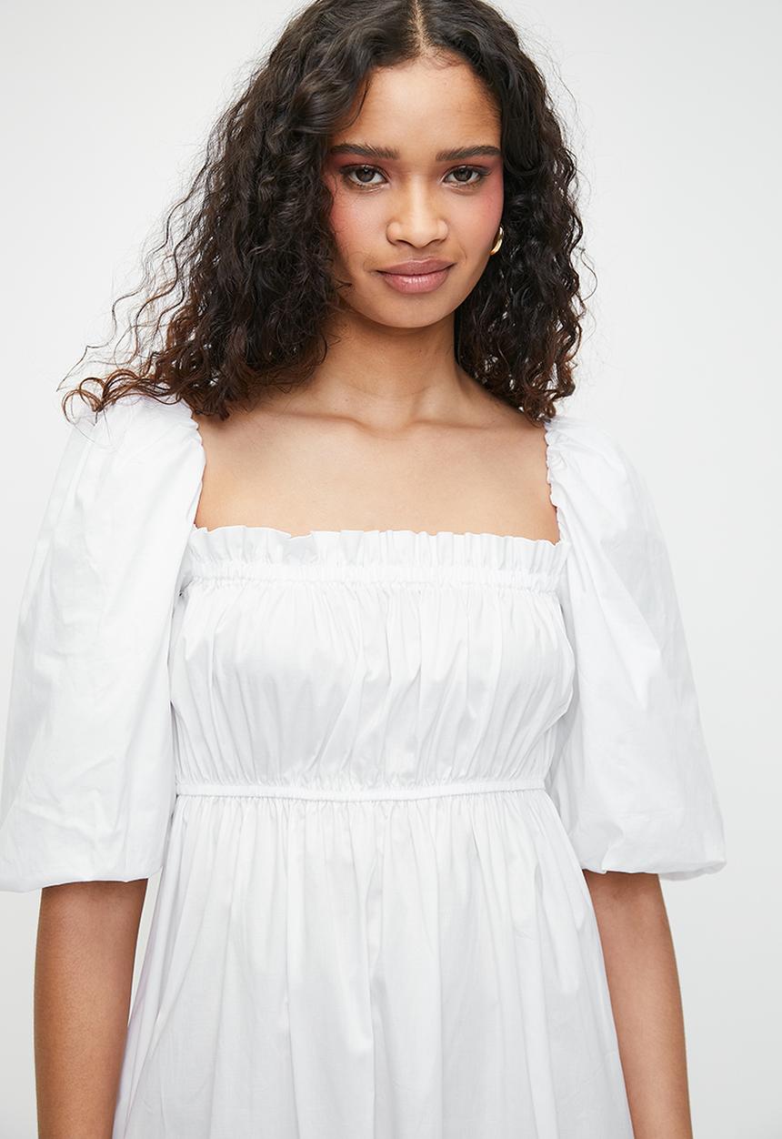 MILLA - Shirring empire midi dress with bubble sleeve - white