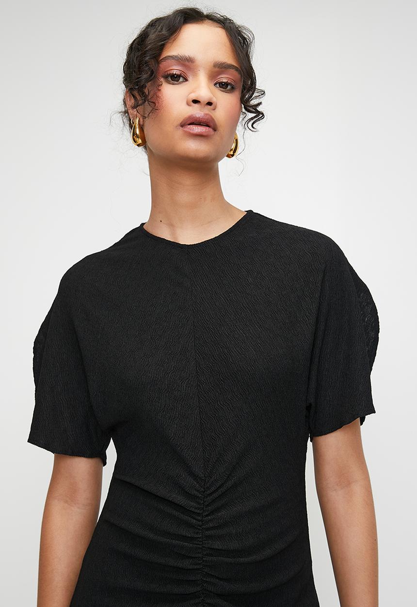 MILLA - Gauged front dolman sleeve midi dress - black