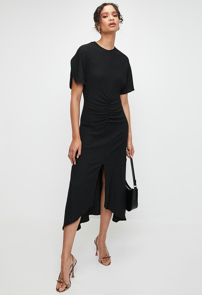 MILLA - Gauged front dolman sleeve midi dress - black