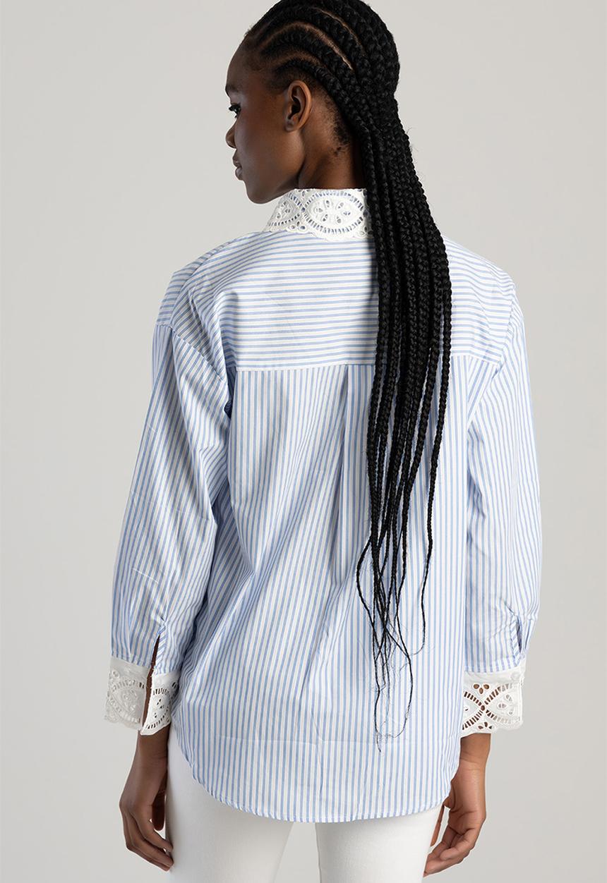 SISSY BOY - Giselle: Pin Stripe Anglaise Collar And Cuff Shirt. - Pale Blue / White