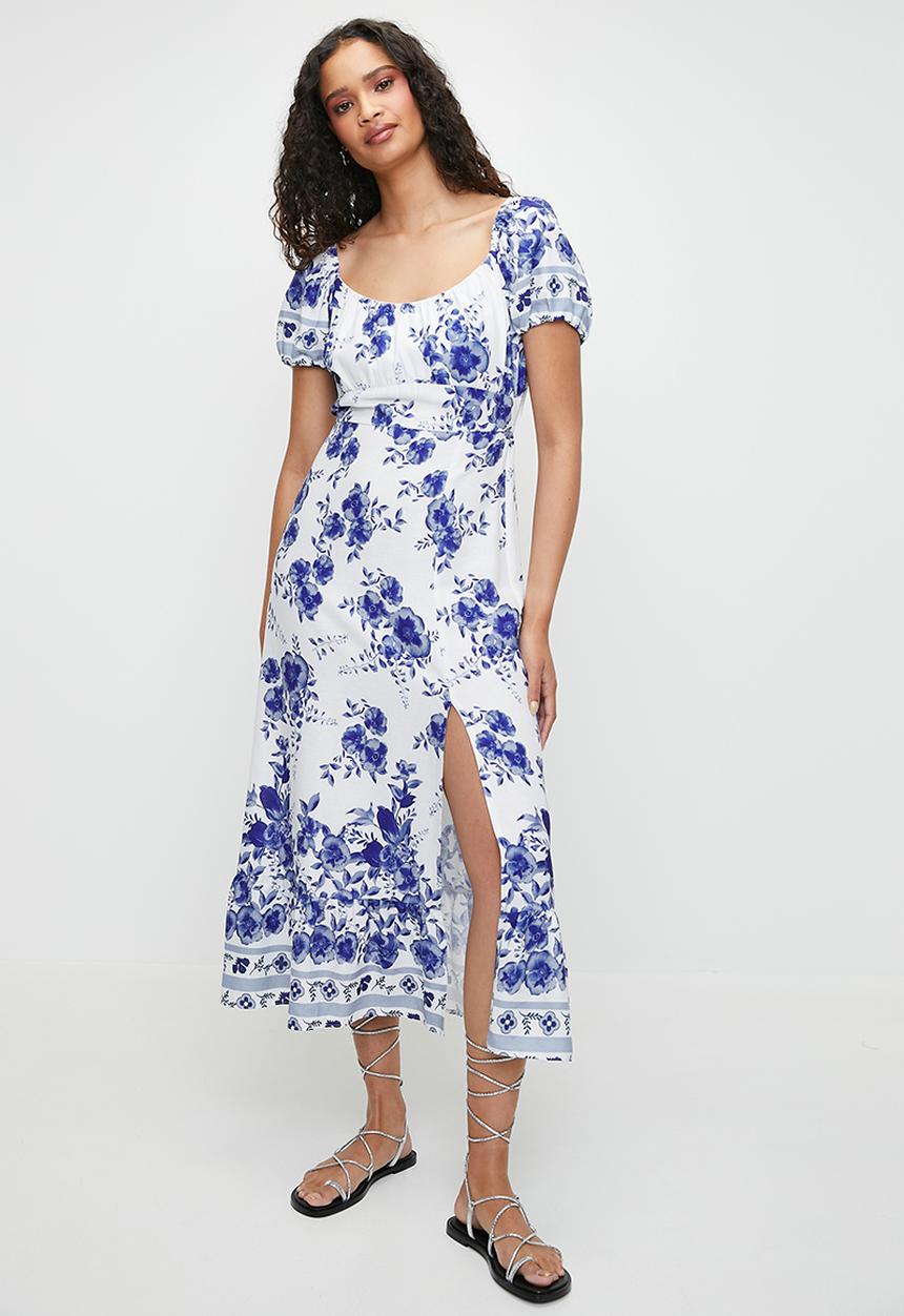 MILLA - Printed linen look empire midi dress - blue & white 