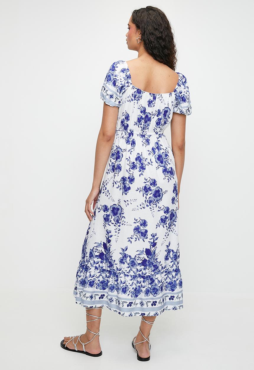MILLA - Printed linen look empire midi dress - blue & white 