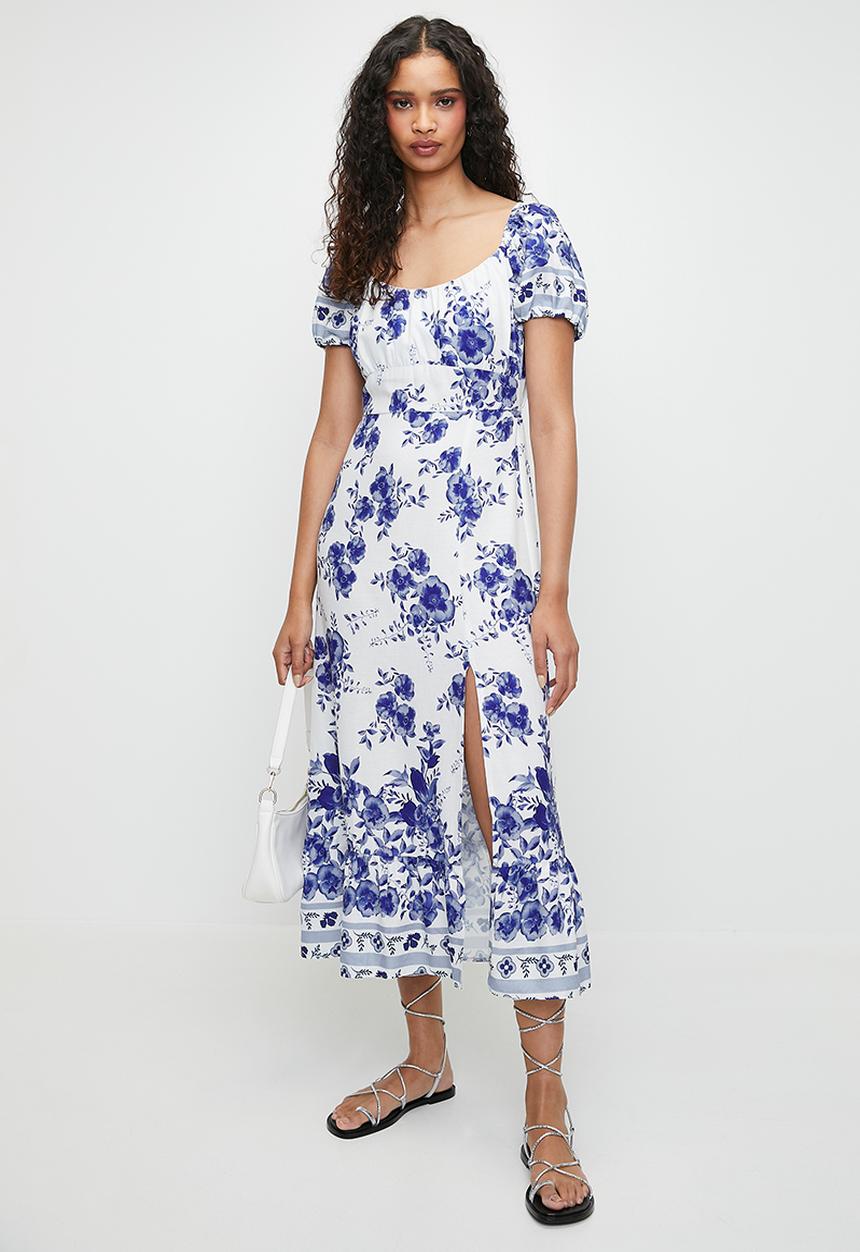 MILLA - Printed linen look empire midi dress - blue & white 