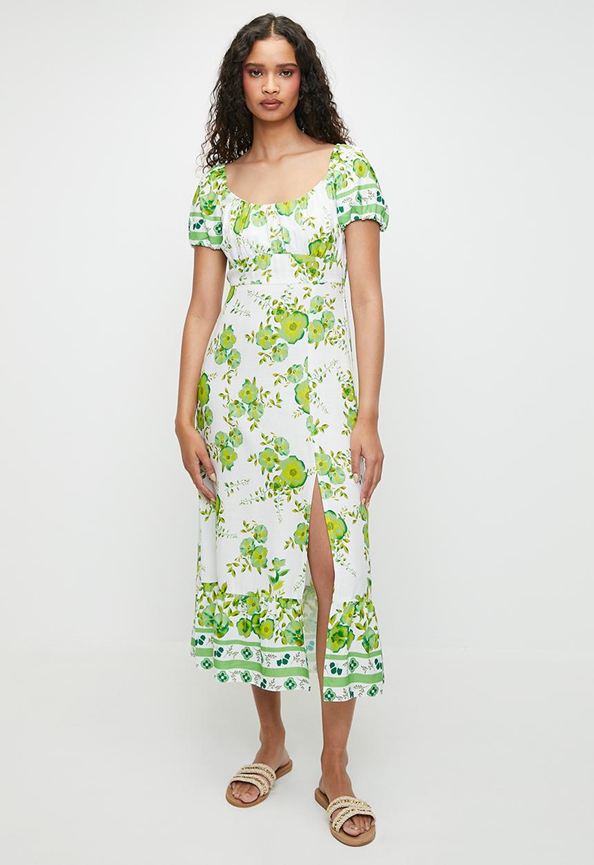 MILLA - printed linen look empire midi dress - green floral print