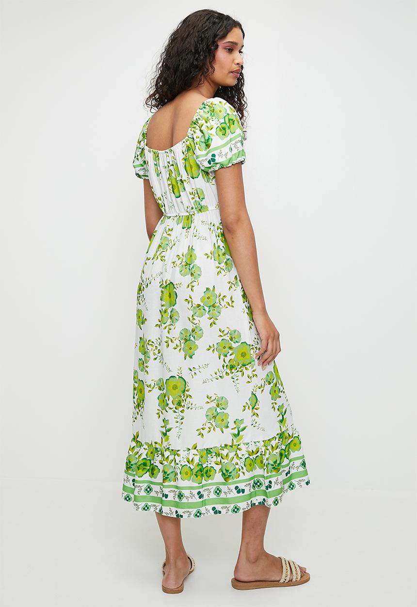 MILLA - printed linen look empire midi dress - green floral print
