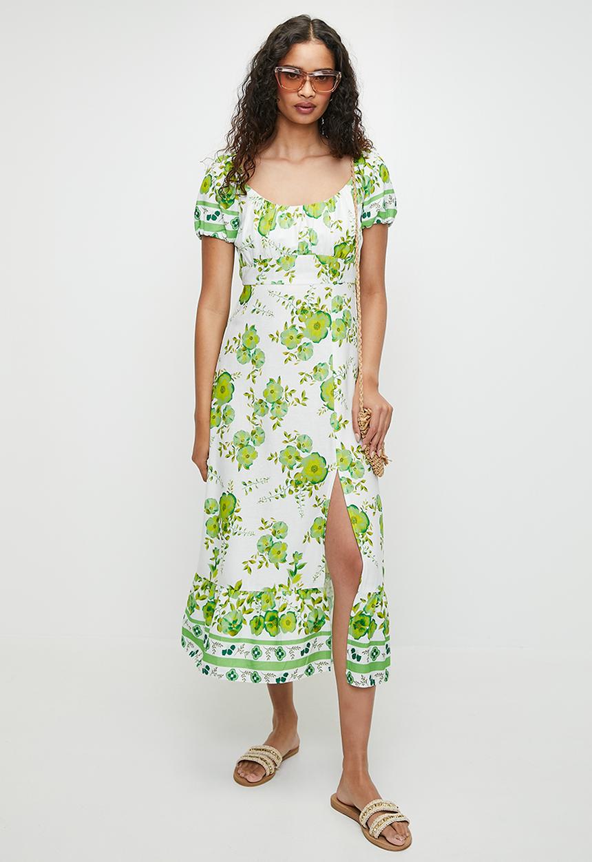 MILLA - printed linen look empire midi dress - green floral print