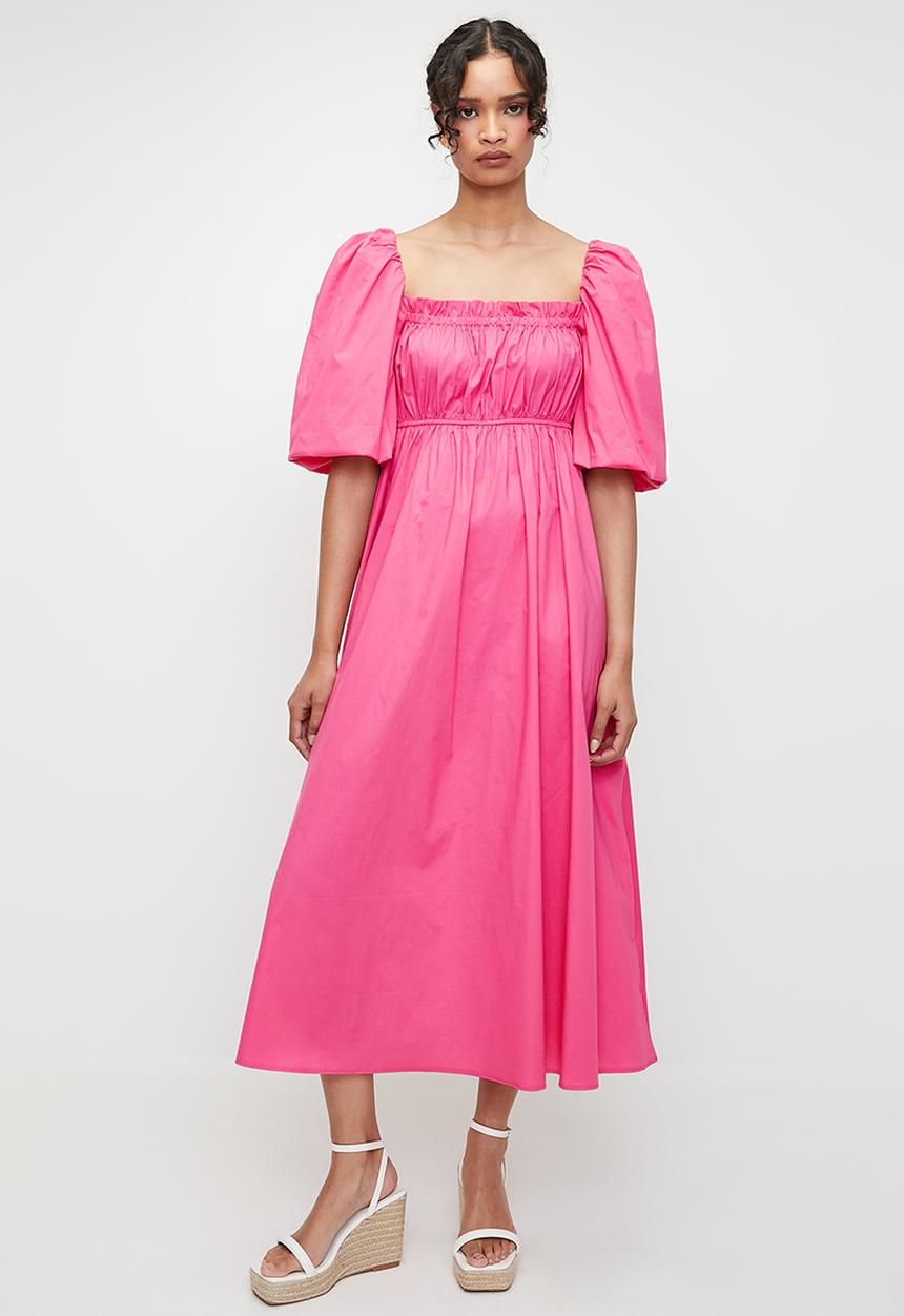 MILLA - Shirring empire midi dress with bubble sleeve - pink
