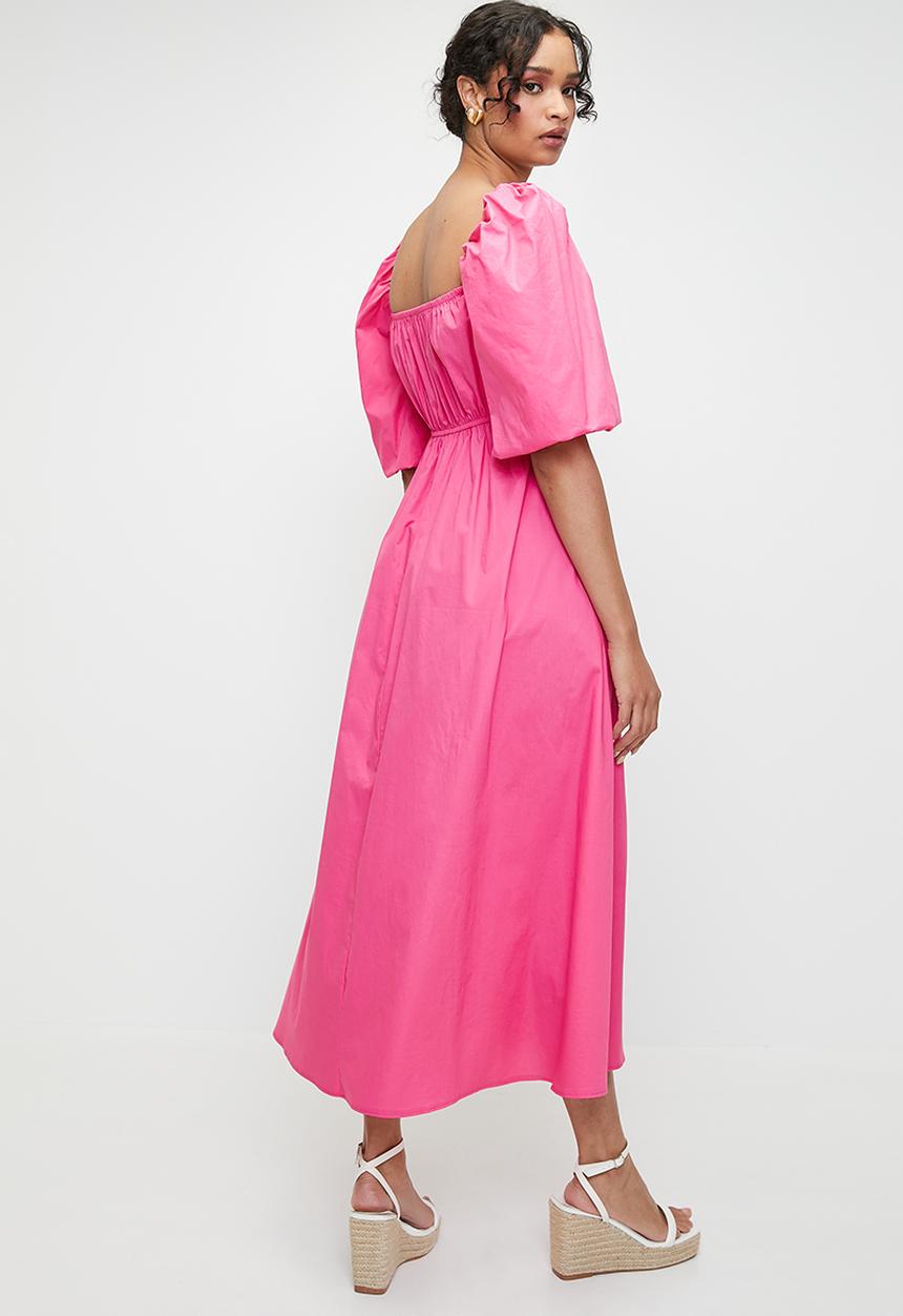 MILLA - Shirring empire midi dress with bubble sleeve - pink