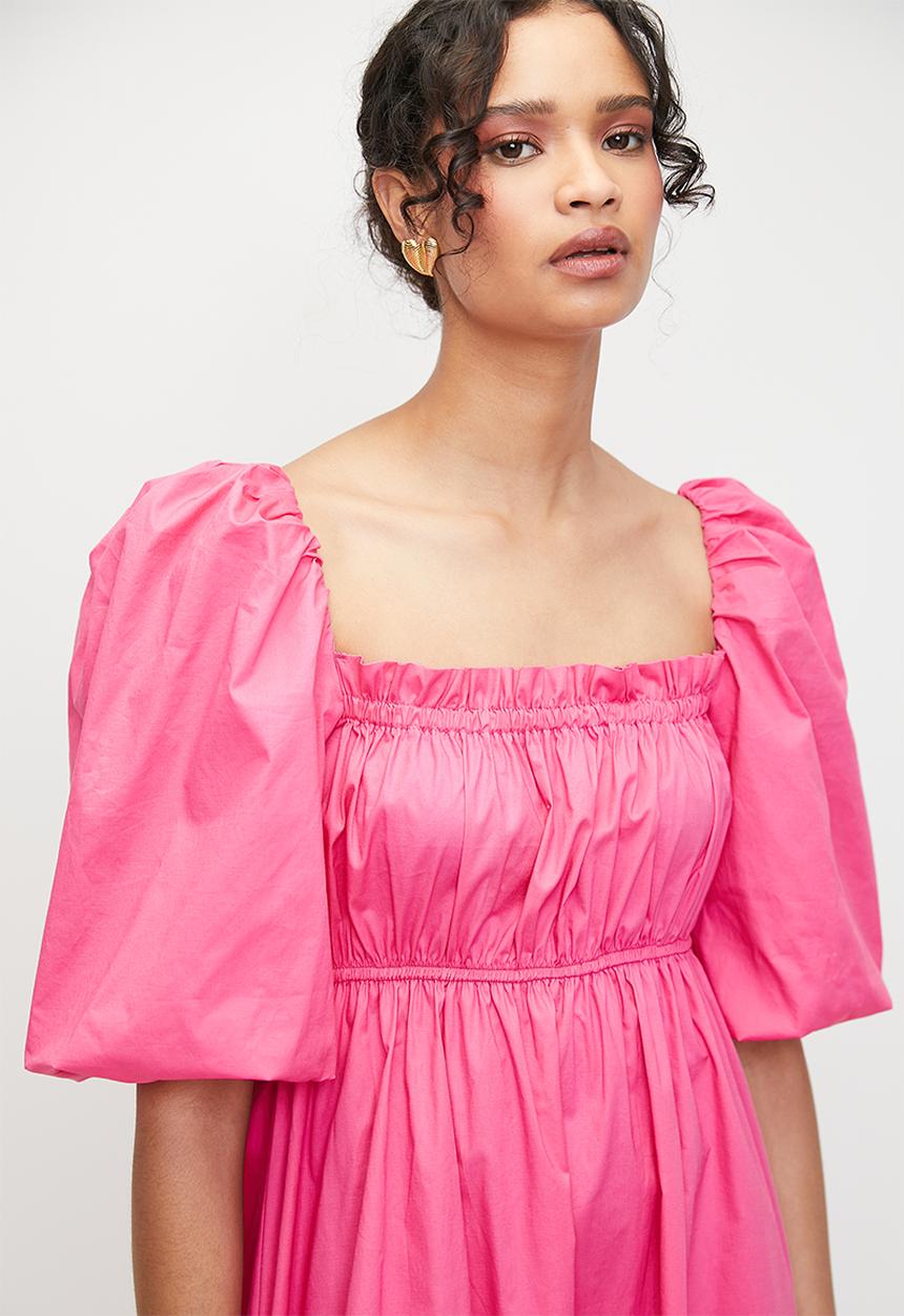 MILLA - Shirring empire midi dress with bubble sleeve - pink