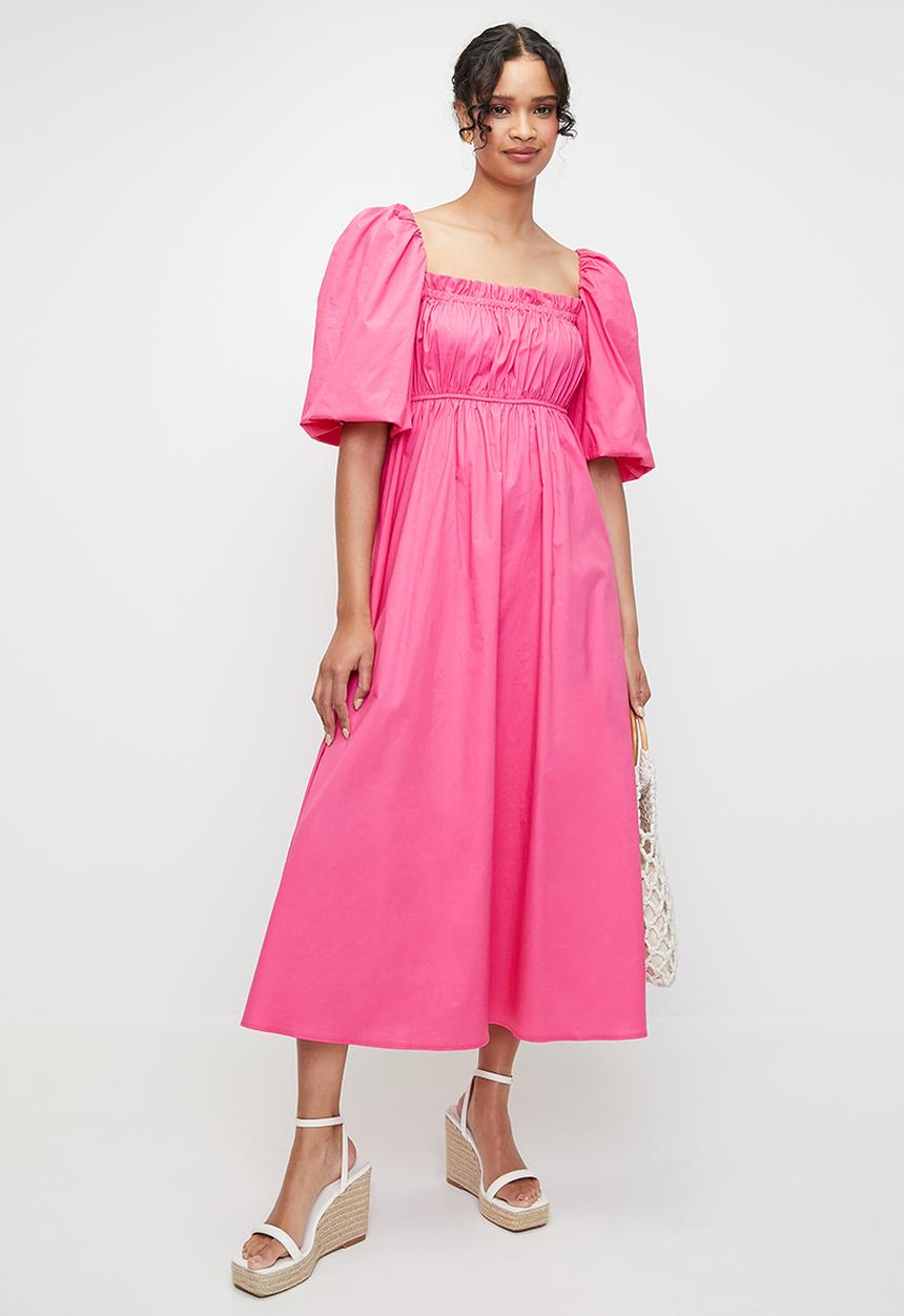 MILLA - Shirring empire midi dress with bubble sleeve - pink