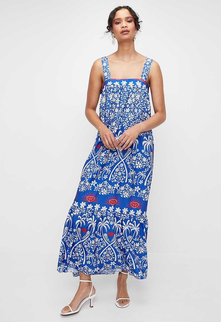 MILLA - Tie detail midi dress - red & blue monstera dbl border