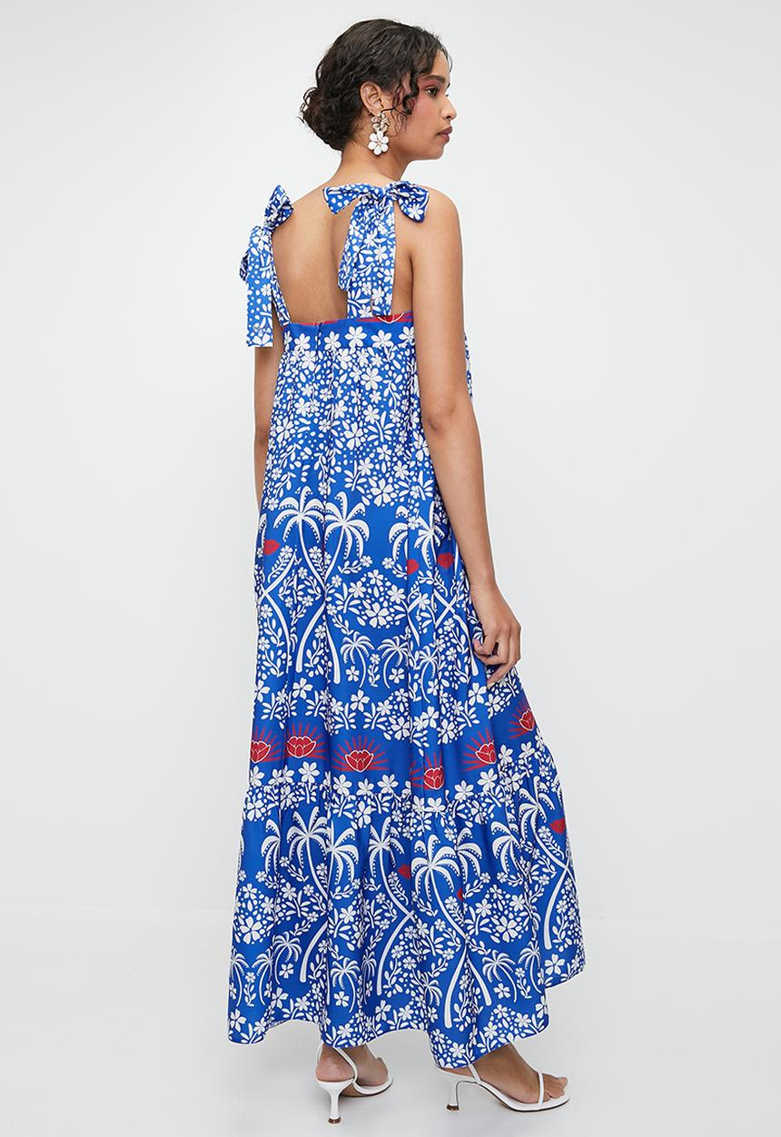 MILLA - Tie detail midi dress - red & blue monstera dbl border