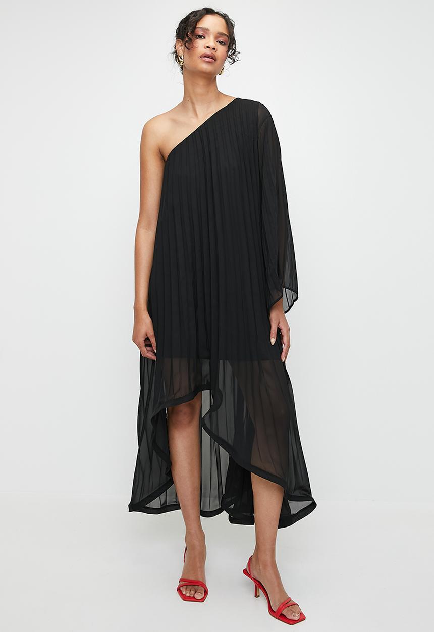 MILLA - Pleated asymmetric trapeze dress - black