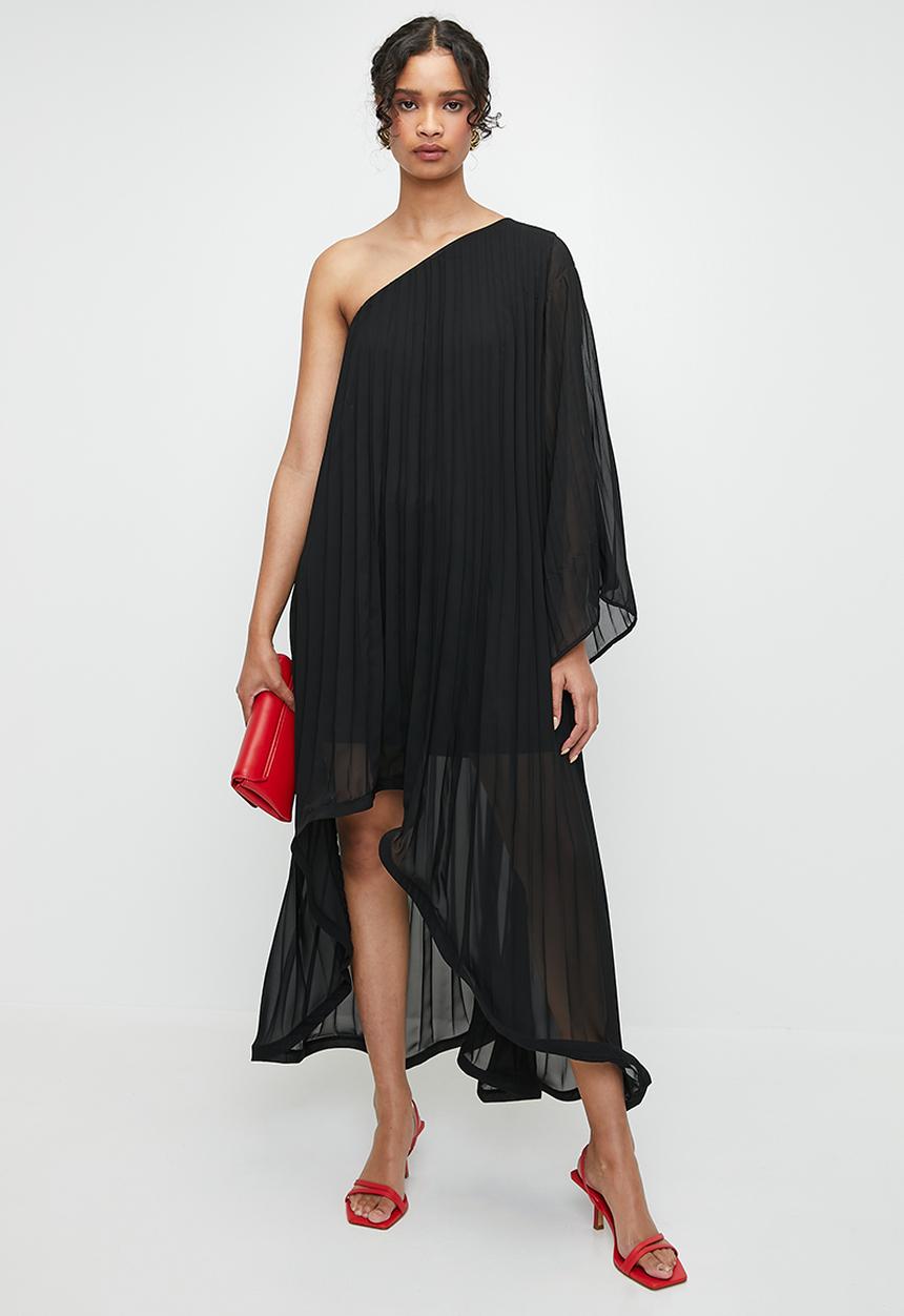 MILLA - Pleated asymmetric trapeze dress - black