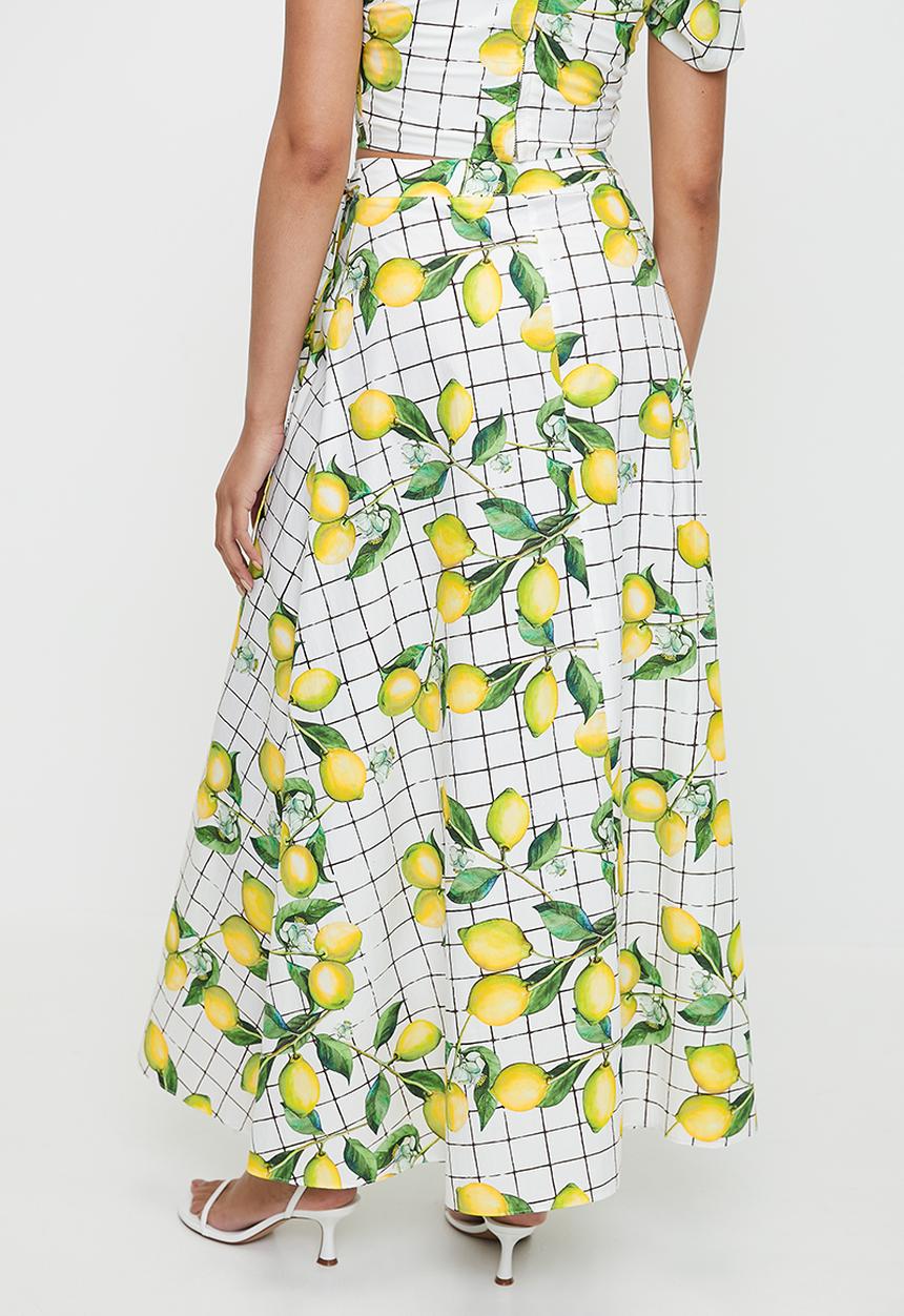 MILLA - Cotton printed wrap skirt (co-ord) - lemon grid aop